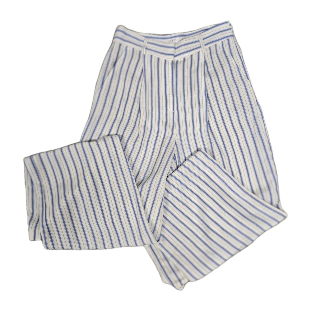 LOFT Linen Blend Wide Leg Pleated Pants Blue & White Striped Women's Size 0